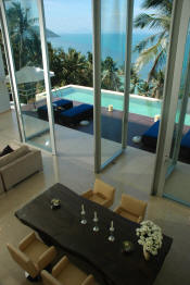 Dining room with pool and sea view